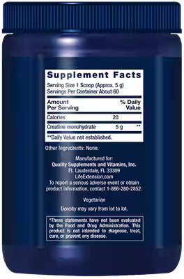 Suplemento alimenticio de la marca Life Extension. Datos suplementarios de la Creatine Powder 300 gramos. Vitaguru