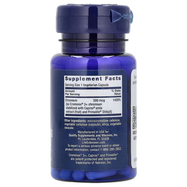 Suplemento alimenticio de la marca Life Extension. Datos suplementarios del Optimized Chromium with crominex 500 mcg. 60 cápsulas vegetarianas. Vitaguru