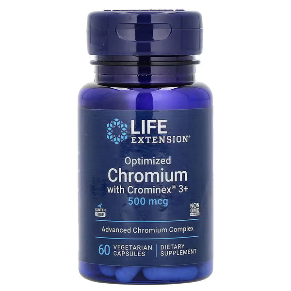 Suplemento alimenticio de la marca Life Extension. Optimized Chromium with crominex 500 mcg. 60 cápsulas vegetarianas. Vitaguru