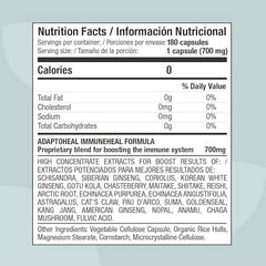 Suplemento alimenticio de la marca Adaptoheal. Información nutricional Immuneheal. Combinación de 22 adaptógenos. 180 cápsulas. Vitaguru