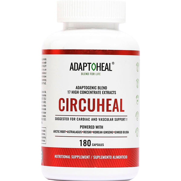 Suplemento alimenticio de la marca Adaptoheal. Circuheal. Combinación de 17 plantas para el sistema cardiovascular. 180 cápsulas. Vitaguru