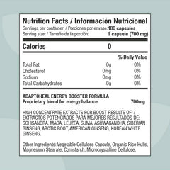 Suplemento alimenticio de la marca Adaptoheal. Información nutricional Energyheal. Combinación de 9 tipos de plantas. 180 cápsulas. Vitaguru