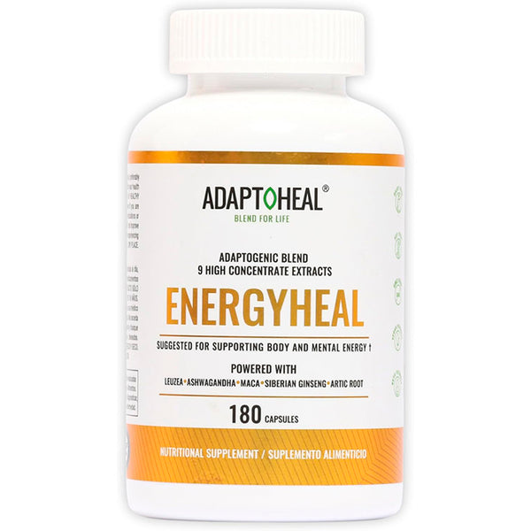 Suplemento alimenticio de la marca Adaptoheal. Energyheal. Combinación de 9 tipos de plantas. 180 cápsulas. Vitaguru