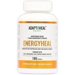 Suplemento alimenticio de la marca Adaptoheal. Energyheal. Combinación de 9 tipos de plantas. 180 cápsulas. Vitaguru