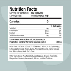 Suplemento alimenticio de la marca Adaptoheal. Información nutricional Hormobalance. Combinación de 9 adaptógenos. 180 cápasulas. Vitaguru