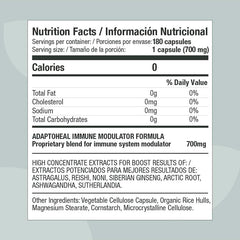 Suplemento alimenticio de la marca Adaptoheal. Información nutricional Immodulator. Combinación de 7 potente adaptógenos. 180 cápsulas. Vitaguru 