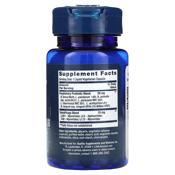 Suplemento alimenticio de la marca Life Extension. Floralssist Probiotic. Datos suplementarios de GI with Phage Technology. 30 cápsulas vegetarianas líquidas. Vitaguru