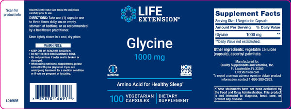 LIFE EXTENSION. GLICINA 1000 mg. 100 CÁPSULAS. VITAGURU