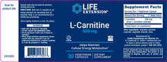 LIFE EXTENSION. L CARNITINA 500 mg. 30 CÁPSULAS. VITAGURU