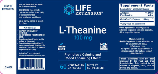 LIFE EXTENSION. L TEANINA 100 mg. 60 CAPSULAS. VITAGURU