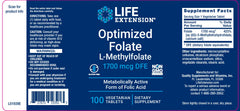 LIFE EXTENSION. OPTIMIZED FOLATE L METHYLFOLATE 1700 mcg DFE. 100 TABLETAS. VITAGURU