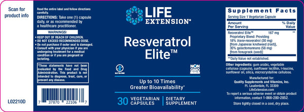 Label LIFE EXTENSION. Resveratrol Elite. 30 cápsulas. VITAGURU