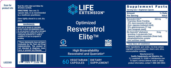 Label LIFE EXTENSION. Optimized Resveratrol Elite. 60 tabletas. VITAGURU