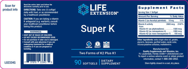 Label LIFE EXTENSION. SUPER K. 90 CÁPSULAS DEL GEL. VITAGURU