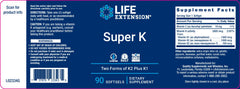 Label LIFE EXTENSION. SUPER K. 90 CÁPSULAS DEL GEL. VITAGURU