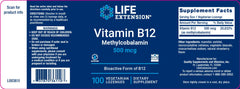 Label. LIFE EXTENSION. Vitamina B12 Metilcobalamina 500 mcg. 100 pastillas vegetarianas. VITAGURU