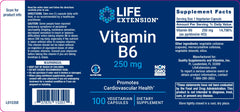 Label LIFE EXTENSION. Vitamina B6 250mg. Salud cardiovascular. 100 cápsulas vegetarianas. VITAGURU