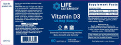 Label LIFE EXTENSON. VITAMINA D3 125 mcg (5000 IU). 60 SOFTGELS. VITAGURU