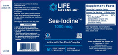 Label. LIFE EXTENSION. SEA-IODINE 1000mcg. YODO 1000mcg. With sea plant complex. 60 cásulas vegetariana. VITAGURU