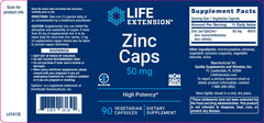 Label. LIFE EXTENSION. ZINC CAPS 50mg. High potency. 90 cápsulas vegetarianas. VITAGURU