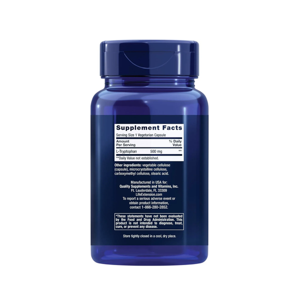Información nutrimental del suplemento alimenticio de la marca Life Extension. L-Tryptophan. 90 cápsulas vegetarianas. Vitaguru