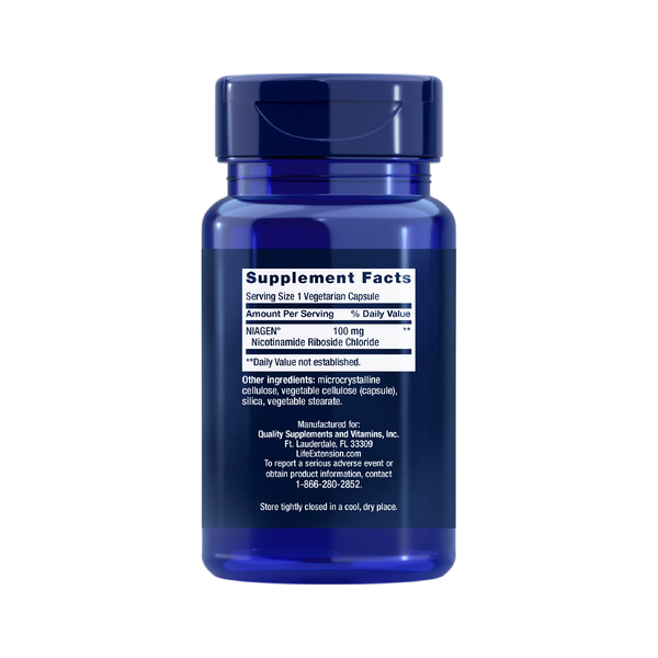 Información nutrimental del suplemento alimenticio de la marca Life Extension. NAD+ Cell Regenerator 100mg. 30 cápsulas vegetarianas. Vitaguru