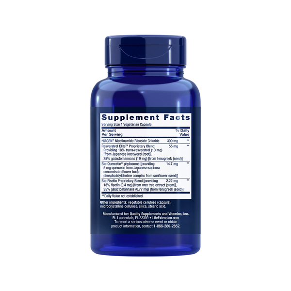 Información nutrimental del suplemento alimenticio de la marca Life Extension. NAD+ Cell Regenerator and Resveratrol Elite. 30 cápsulas vegetarianas. Vitaguru