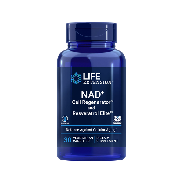 Suplemento alimenticio de la marca Life Extension. NAD+ Cell Regenerator and Resveratrol Elite. 30 cápsulas vegetarianas. Vitaguru