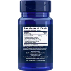 Suplemento alimenticio marca LIFE EXTENSION. Información nutrimental Resveratrol Elite. 30 cápsulas. Vitaguru