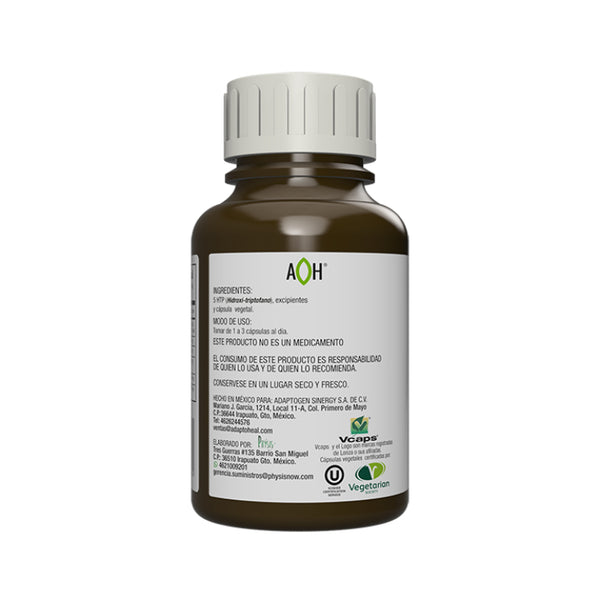 Suplemento alimenticio a base de 5HTP marca Adaptoheal. Contenido: 150 cápsulas de 500 mg c/u. Ingredientes y modo de uso.
