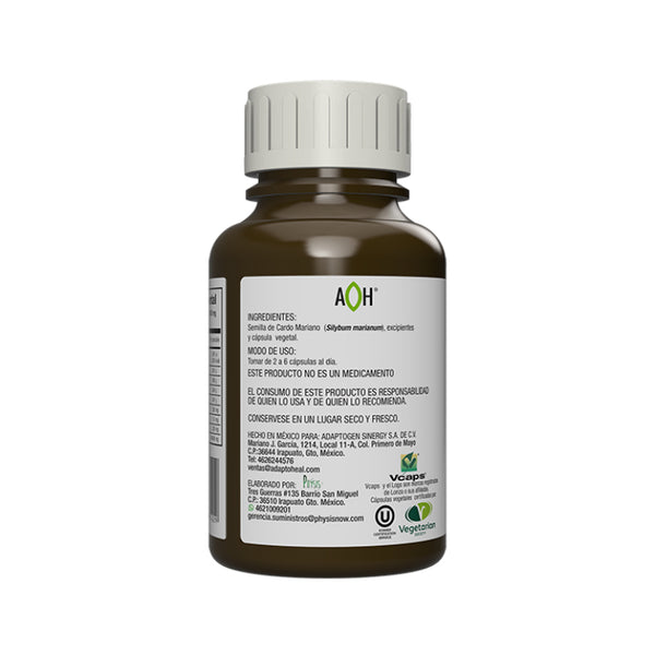 Suplemento alimenticio a base de cardo mariano marca Adaptoheal. Contenido: 150 cápsulas de 500 mg c/u. Ingredientes y modo de uso.