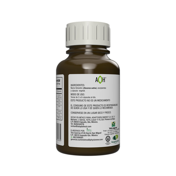 Suplemento alimenticio marca ADAPTOHEAL. Ingredientes y modo de uso Ñame Silvestre SILV. 150 cápsulas de 500 mg c/u. Vitaguru