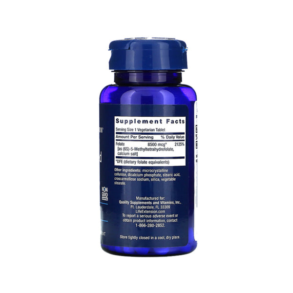 Suplemento alimenticio a base de ácido fólico de alta potencia marca Life Extension. Contenido: 30 tabletas vegetarianas. Información nutrimental.