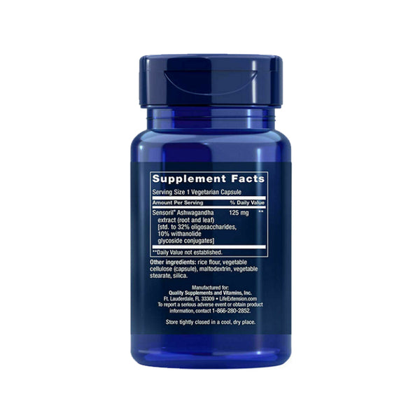 Suplemento alimenticio a base de Ashwagandha marca Life Extension. Contenido: 60 tabletas vegetarianas.