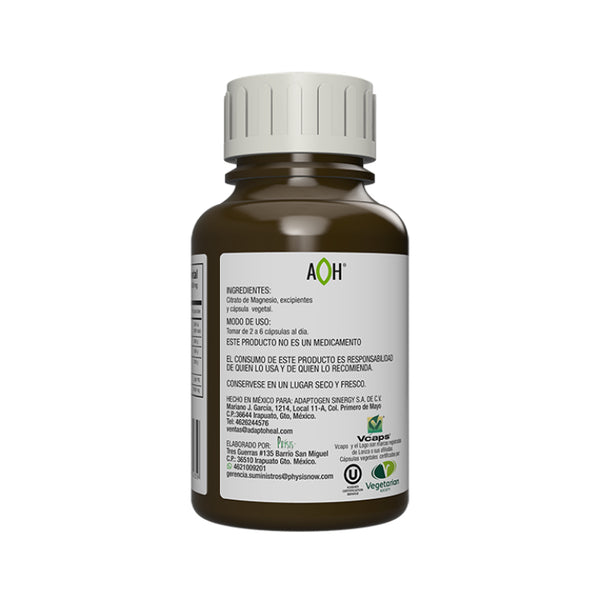Suplemento alimenticio a base de citrato de magnesio marca Adaptoheal. Contenido: 150 cápsulas de 500 mg c/u. Ingredientes y modo de uso.