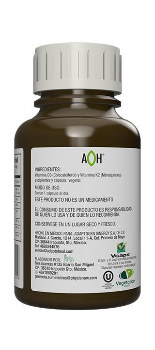 Suplemento alimenticio a base de vitamina D3 (5000IU) y K2 (Mk-7) marca Adaptoheal. Contenido: 150 cápsulas de 500 mg c/u. Ingredientes y modo de uso.