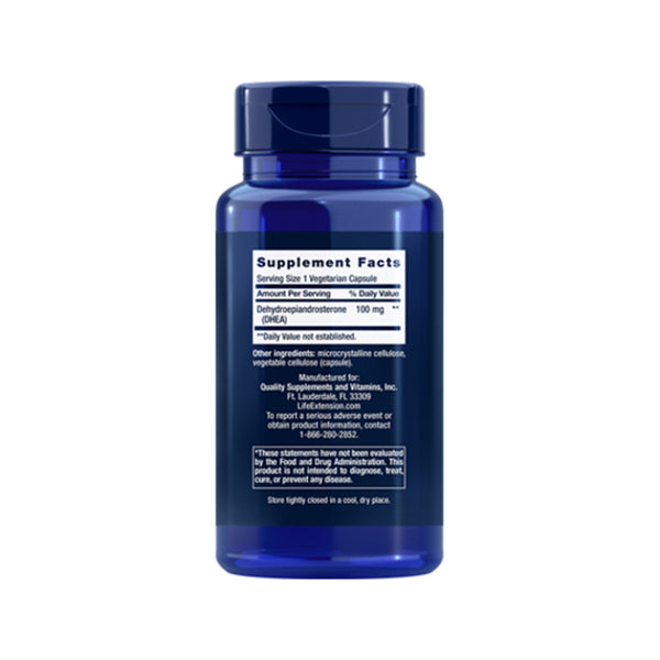 Suplemento alimenticio a base de DHEA 100 mg marca Life Extension. Contenido: 60 cápsulas vegetarianas. Información nutrimental.