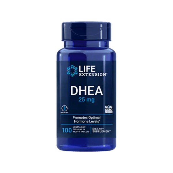 Suplemento alimenticio a base de DHEA 25 mg marca Life Extension. Contenido: 100 cápsulas disolventes vegetarianas.