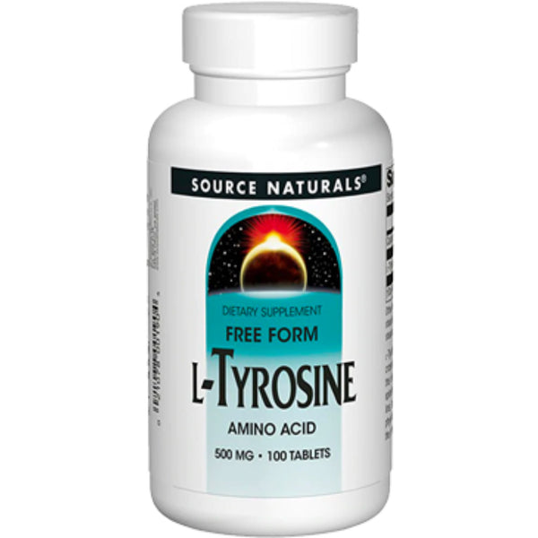 Suplemento alimenticio a base de L-tirosina marca Source Naturals. Contenido: 100 tabletas de 500 mg c/u.