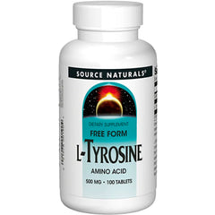 Suplemento alimenticio a base de L-tirosina marca Source Naturals. Contenido: 100 tabletas de 500 mg c/u.