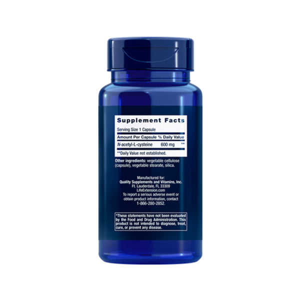 Suplemento alimenticio marca LIFE EXTENSION. INFORMACIÓN NUTRIMENTAL N ACETYL CYSTEINA 600 MG. 60 cápsulas. Vitaguru
