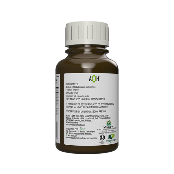 Suplemento alimenticio marca ADAPTOHEAL. Ingredientes y modo de uso Rhodiola Rosea RHRO. 150 cápsulas de 500 mg c/u. Vitaguru