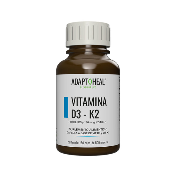 Suplemento Alimenticio marca ADAPTOHEAL. Vitamina D3 y K2. 150 cápsulas con 500 mg c/u. Vitaguru