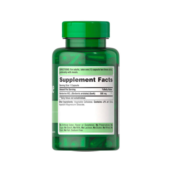 Suplemento alimenticio a base de Berberina marca Puritan's Pride. Contenido: 60 cápsulas. Información nutrimental.