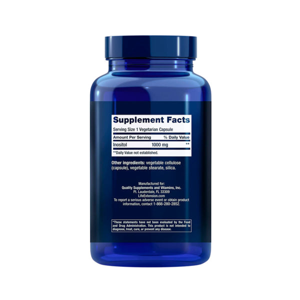  Suplemento alimenticio a base de inositol 1000 mg marca Life Extension. Contenido: 360 cápsulas vegetarianas. Información nutrimental.