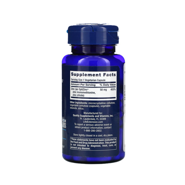 Suplemento alimenticio marca LIFE EXTENSION. Datos suplementarios Zinc 50 mg. 90 cápsulas.