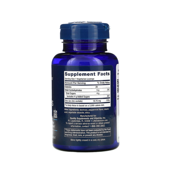 Suplemento alimenticio marca LIFE EXTENSION. Zinc masticable sabor cítrico-naranja. 60 pastillas.