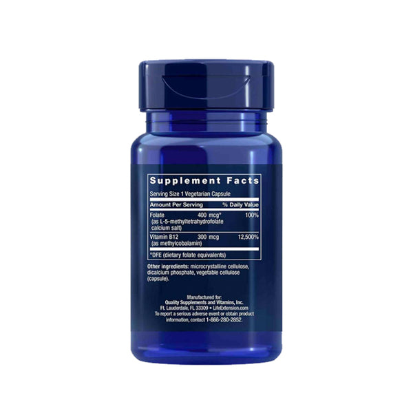 Suplemento alimenticio a base de ácido fólico y vitamina B12 marca Life Extension. Contenido: 90 cápsulas vegetarianas. Información nutrimental e ingredientes.