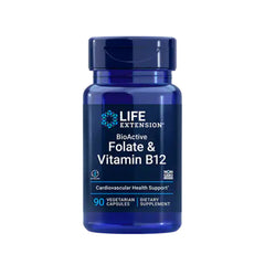 Suplemento alimenticio a base de ácido fólico y vitamina B12 marca Life Extension. Contenido: 90 cápsulas vegetarianas.