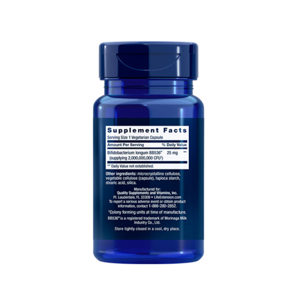 Suplemento alimenticio marca LIFE EXTENSION. Información nutrimental Probióticos BIFIDO GI BALANCE. 60 cápsulas. Vitaguru